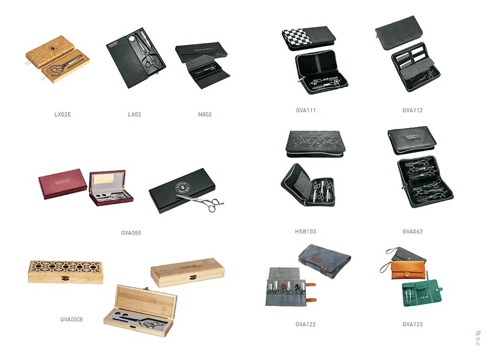 Custom hair and pet grooming scissors packaging solutions, including luxury gift boxes, bamboo wooden cases, and leather shear pouches with model numbers.
