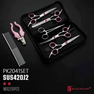 Razorline PK2041SET professional dog grooming scissors set made of SUS420J2 steel with pink finger inserts and pet nail clipper.