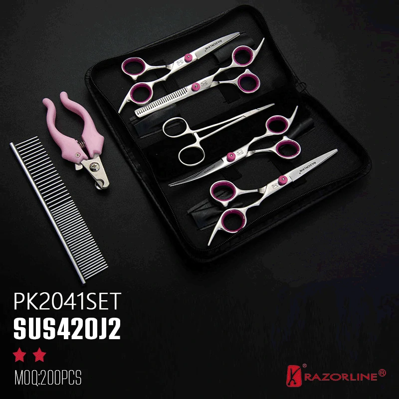 Razorline PK2041SET professional dog grooming scissors set made of SUS420J2 steel with pink finger inserts and pet nail clipper.