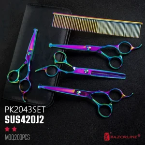 PK2043SET rainbow titanium coated pet grooming shears set with safety ball tips and grooming comb by Razorline.