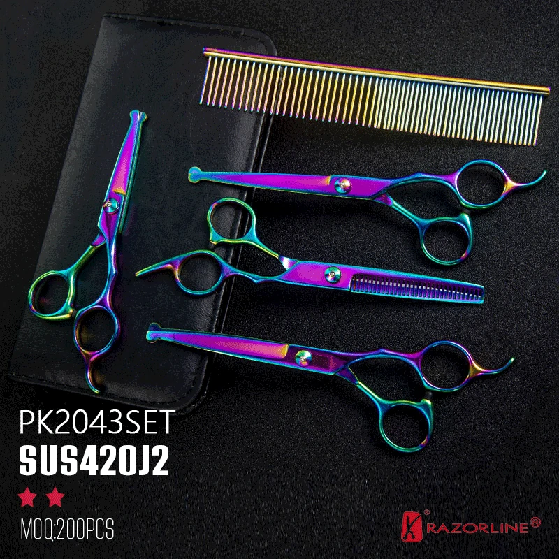 PK2043SET rainbow titanium coated pet grooming shears set with safety ball tips and grooming comb by Razorline.