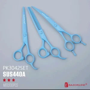 Razorline PK3042SET pastel blue coated pet grooming set including curved shears and thinning scissors made of SUS440A steel.
