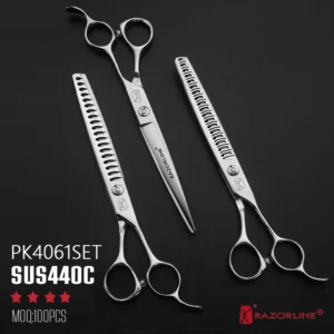 PK4061SET professional Japanese SUS440C steel pet grooming scissors set featuring high-tooth thinning shears.