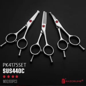 PK4175SET safety round tip dog grooming scissors and chunkers set with red pivot stones by Razorline.
