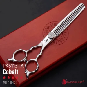 Razorline PK5113TA top-tier cobalt steel CNC pet thinning shear with a diamond jewel tension screw and ornate handle design.
