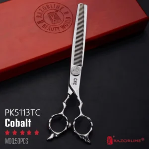 PK5113TC high-end CNC machined cobalt steel professional pet thinning scissor with luxury jewel screw and red wooden gift box.