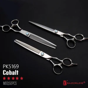 Razorline PK5169 luxury cobalt steel pet grooming shears set with blue crystal tension pivot screws.