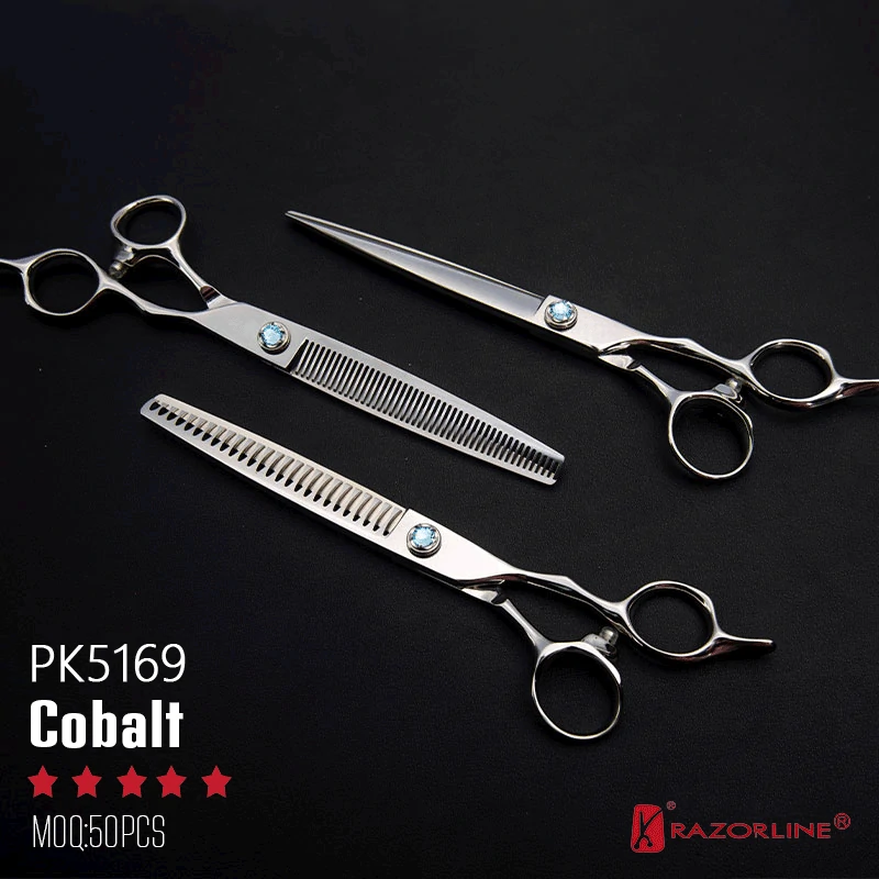 Razorline PK5169 luxury cobalt steel pet grooming shears set with blue crystal tension pivot screws.