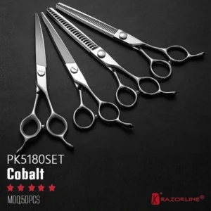 PK5180SET heavy-duty professional pet grooming scissors and chunkers set made of premium cobalt steel for salon owners.
